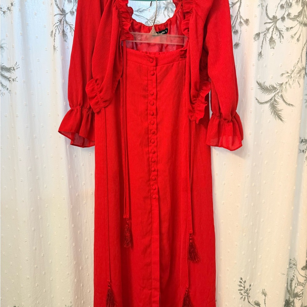 Simple Red Ruffled Smocked Two Piece Set - Picture 4 of 12